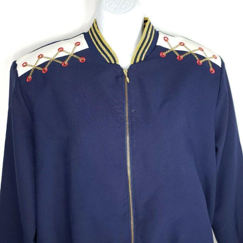 Vintage 80s Jordana Nautical Bomber Jacket Sz M 10-12 Navy Blue Red Gold USA